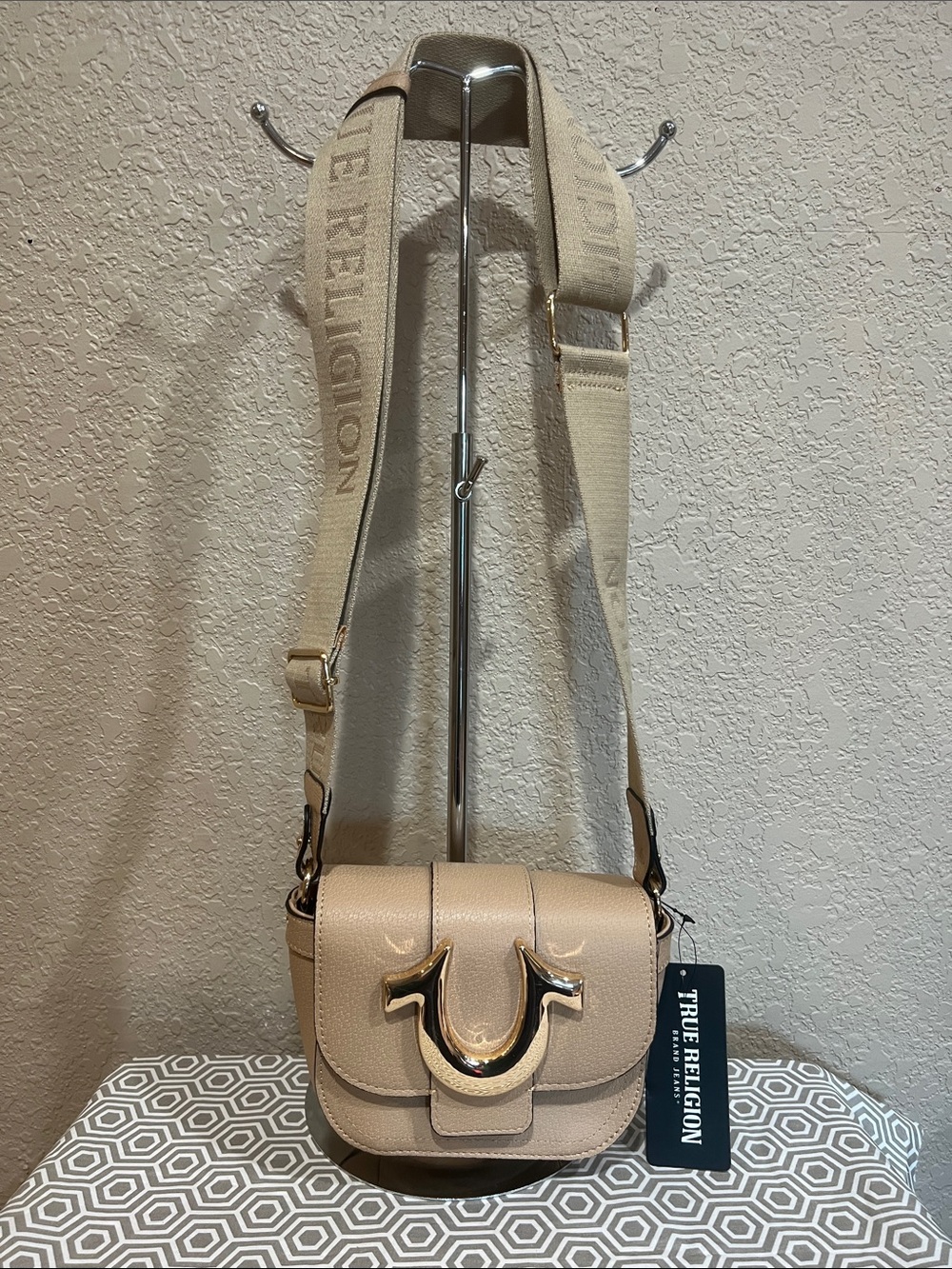 True Religion Cream Crossbody Bag with Gold Horseshoe Accent